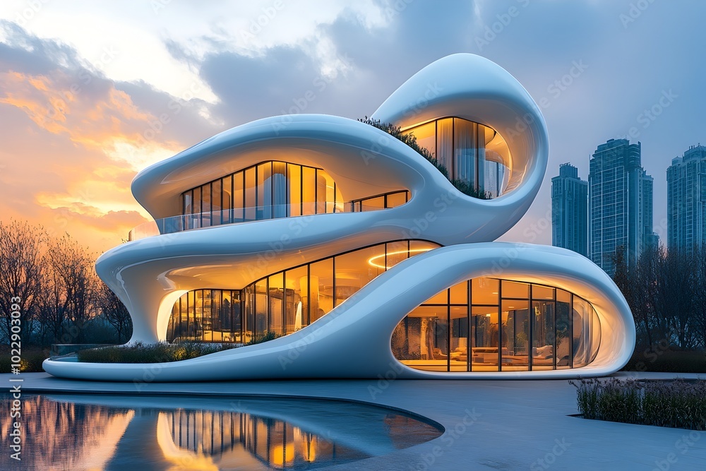Fototapeta premium Futuristic Luxury Architecture with Minimalistic Curved Design in Surreal Sunset Cityscape