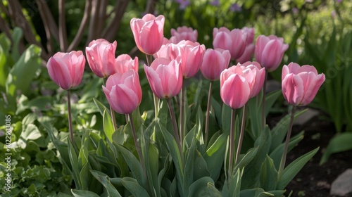 Beautiful pink tulips bloom in a sunny summer garden.