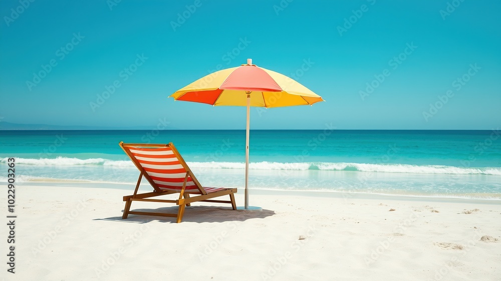 Minimalist Beach Scene with Chairs and Umbrella Overlooking the Sea Minimalist Beach Scene with Chairs and Umbrella Overlooking the Sea