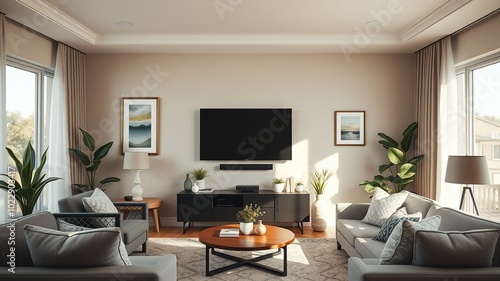 Modern Living Room with TV Wall Mockup in Elegant Interior Design