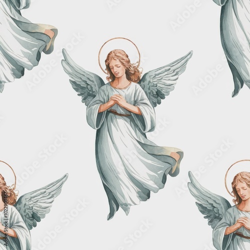 Seamless Pattern of Praying Angels in Soft Tones
