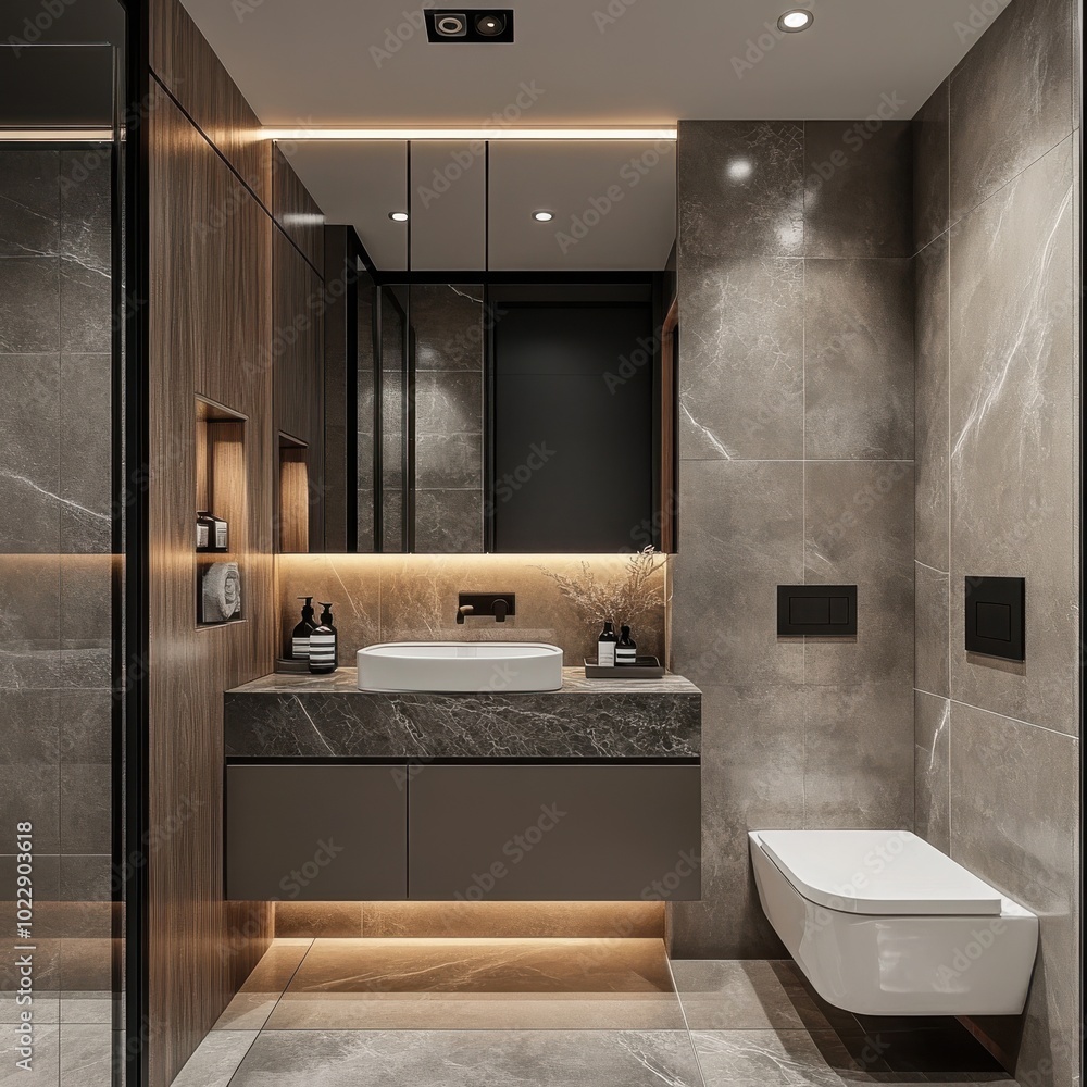 Photo inspiration: Marble Ambient Near Fixture Reference: Foto De Modern Bathroom Design With Elegant Marble Accents Sleek