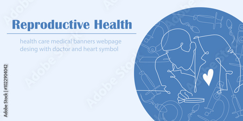 Fertility clinic banner with embryologist doctor on blue background. Female reproductive system. Health care and treatment, medicine.