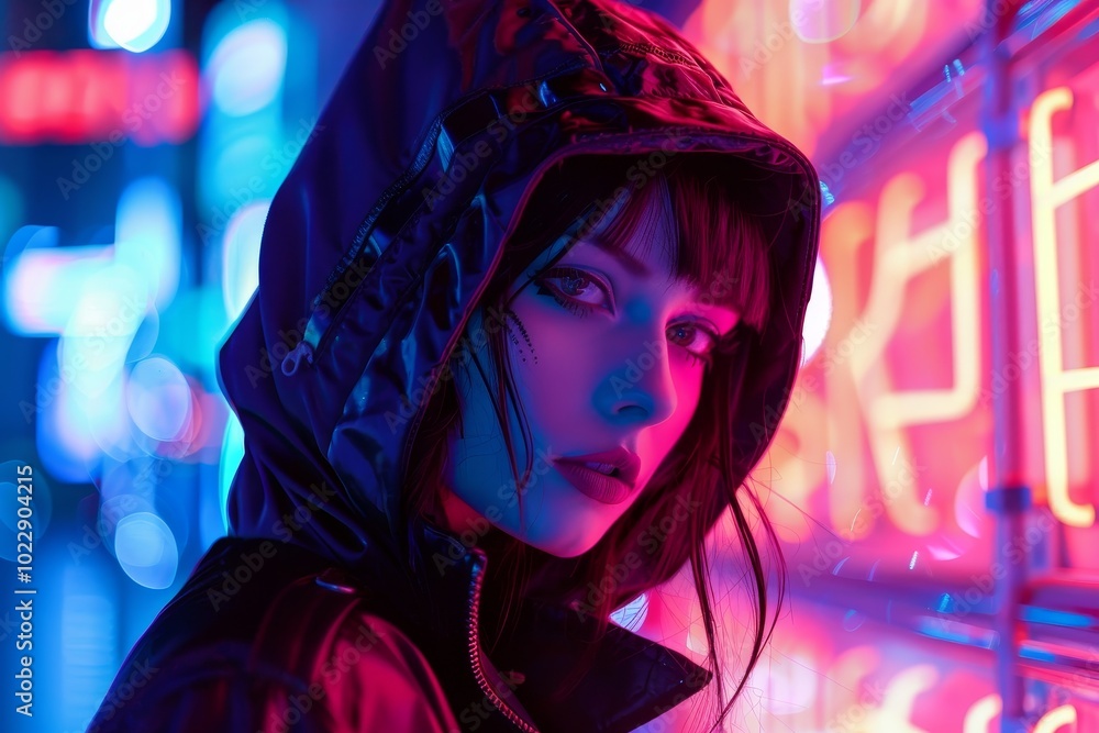 Fototapeta premium A young woman stands confidently with a hooded jacket, illuminated by colorful neon lights in a bustling city at night, creating an energetic atmosphere.
