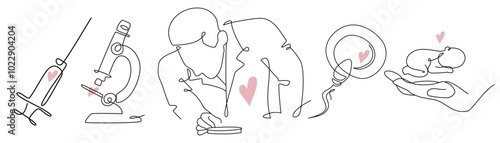 Vector icons set of reproductive clinic. Embryologist, microscope, sperm and egg, syringe in one line style. Health care and treatment, medicine. 