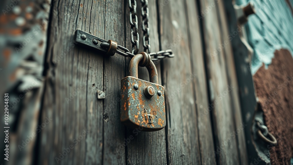 Weathered Old Door with Lock and Chain - Rustic Charm in Tilt-Shift Photography Weathered Old Door with Lock and Chain - Rustic Charm in Tilt-Shift Photography