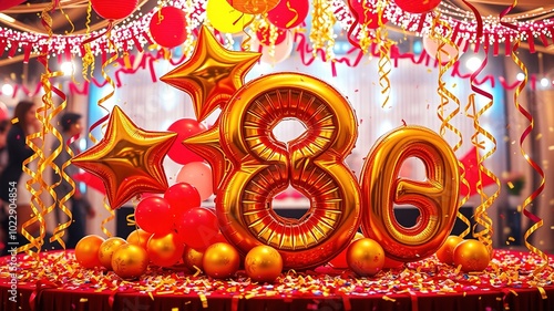 8th Anniversary Celebration with Golden and Red Balloons, Sparkling Confetti, and 3D Numbers