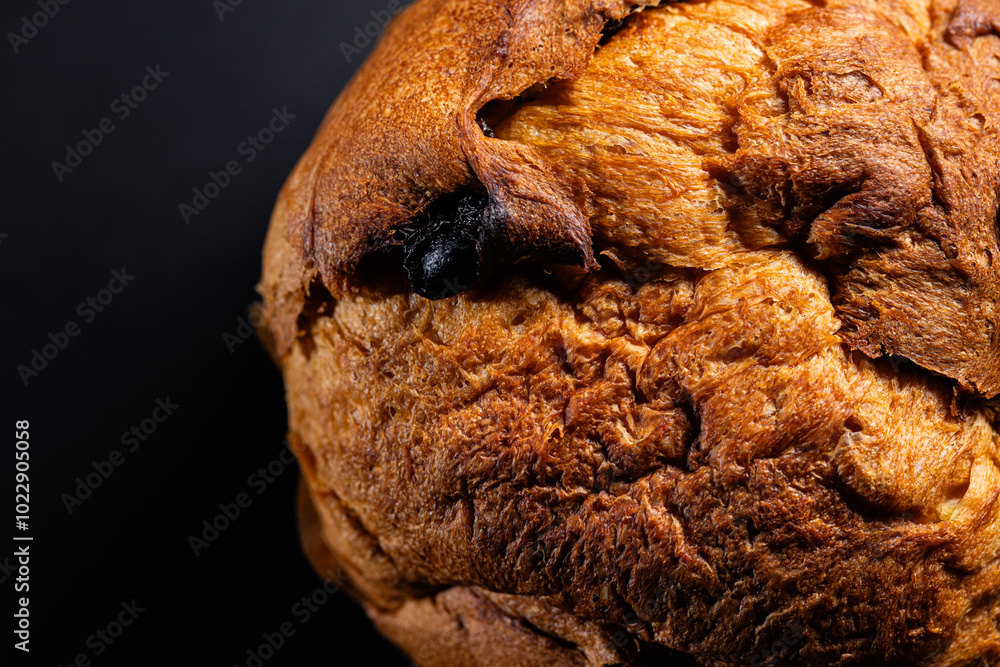 Christmas panettone on a dark background with dramatic lighting close up macro detail