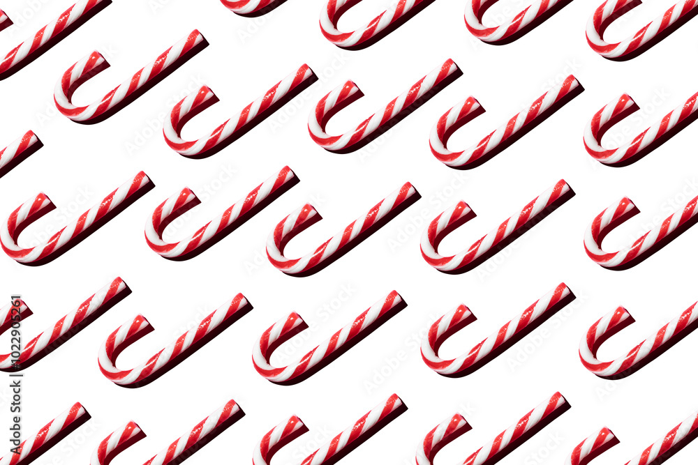 Top view of assorted red and white candy canes on white background making a pattern