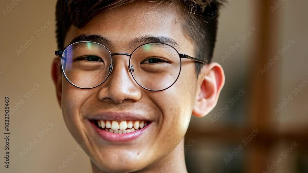 Teenage Asian boy smiling with white teeth and glowing skin under soft lighting Teenage Asian boy smiling with white teeth and glowing skin under soft lighting