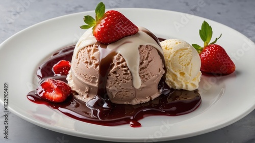 A scoop of creamy ice cream on a plate, drizzled with rich syrup, creating a delicious and inviting dessert display