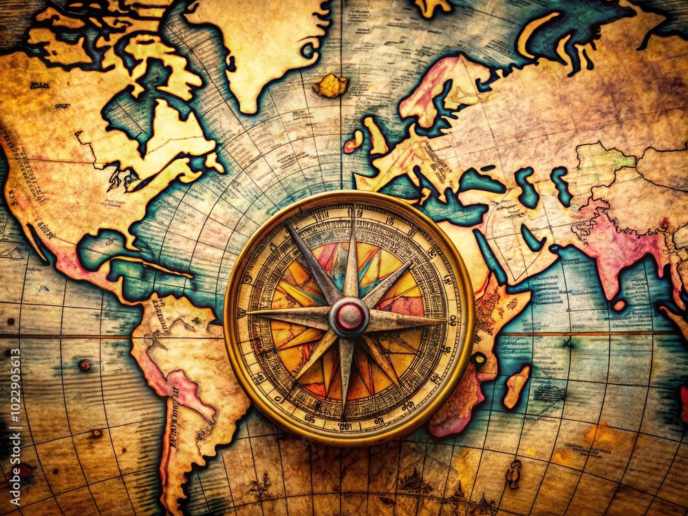 Fototapeta premium Vintage compass rose and detailed map design for navigation, travel, and exploration themes