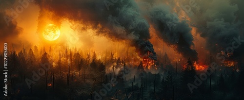 A wildfire consumes trees as smoke rises and the sun sets, casting an eerie glow over the charred landscape