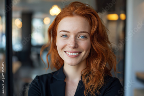 Wallpaper Mural Confident redhead lady with red hair is smiling and wearing a black suit Torontodigital.ca