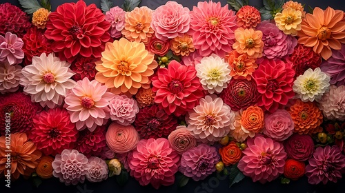 Wallpaper Mural A vibrant floral arrangement featuring various types of flowers in shades of red, orange, and pink, arranged against a dark background. Torontodigital.ca