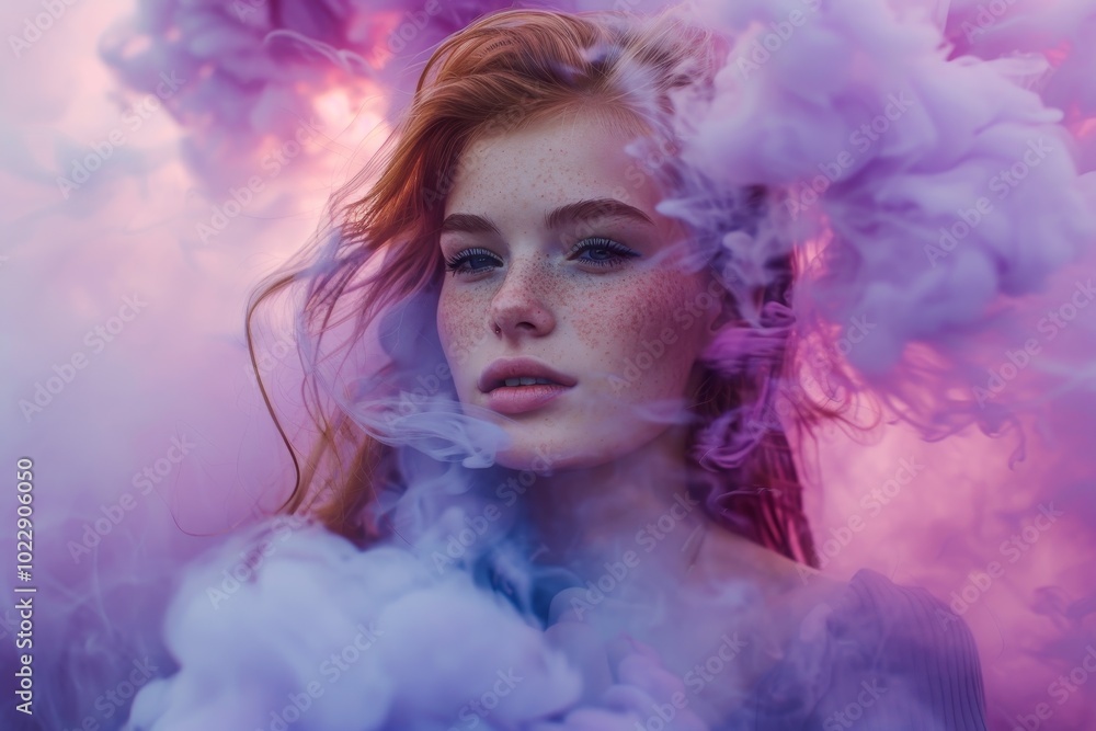 A young woman with vibrant auburn hair stands amidst swirling purple and pink smoke during sunset, evoking a dreamlike, enchanting ambiance. A young woman with vibrant auburn hair stands amidst swirling purple and pink smoke during sunset, evoking a dreamlike, enchanting ambiance.