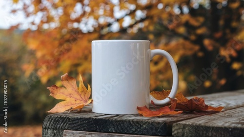 Autumn Leaves and Blank White Coffee Mug photo