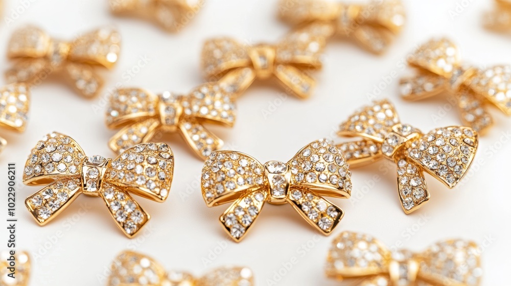 Shiny gold hair clips with sparkly fake diamonds, shaped like bows, are set against a plain white background. Shiny gold hair clips with sparkly fake diamonds, shaped like bows, are set against a plain white background.