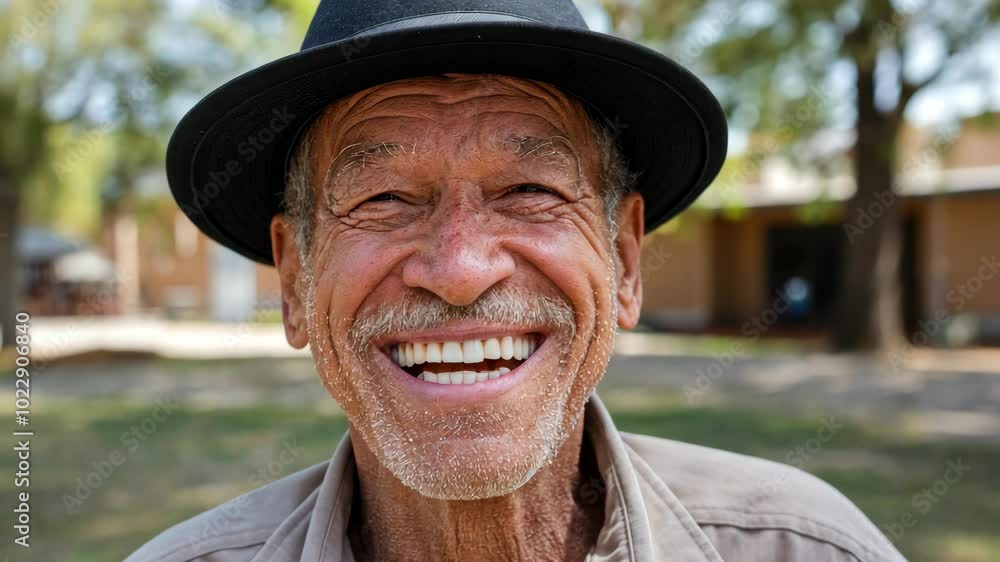 Elderly African American man smiling with pride and white teeth in outdoor setting Elderly African American man smiling with pride and white teeth in outdoor setting