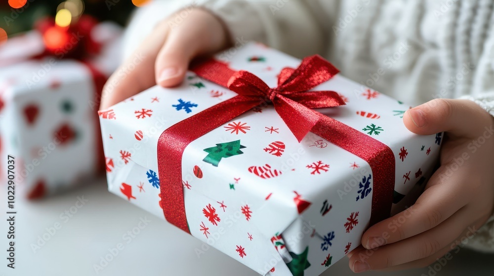 A child holding a wrapped Christmas gift with a red ribbon, ready to give during the holiday season, spreading festive cheer. A child holding a wrapped Christmas gift with a red ribbon, ready to give during the holiday season, spreading festive cheer.
