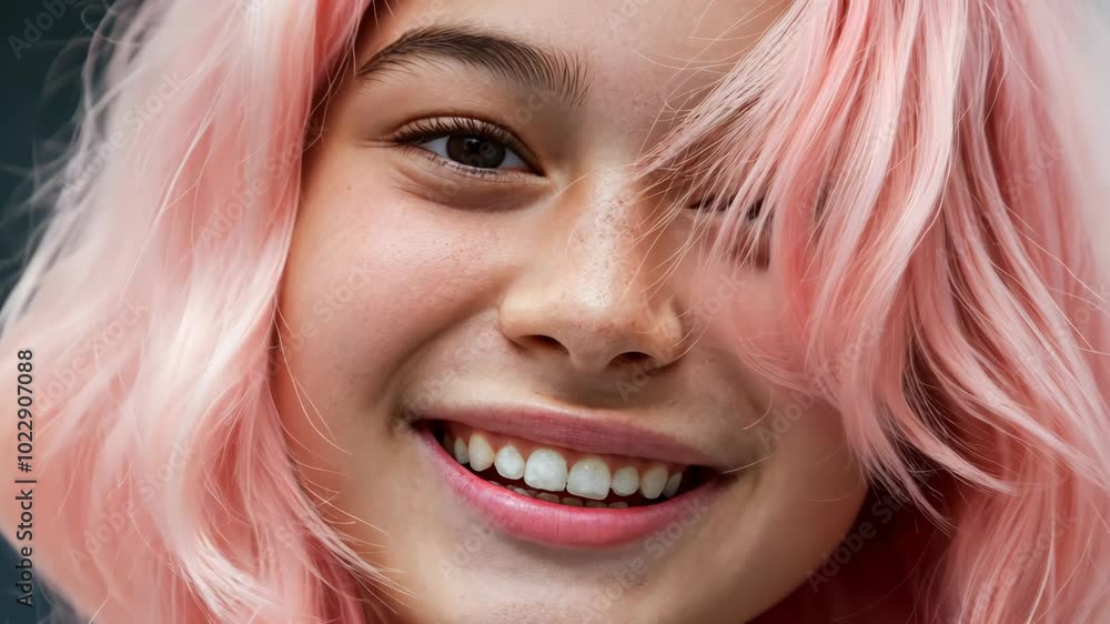 Teenage girl with pastel pink dyed hair smiling with white teeth and glowing skin Teenage girl with pastel pink dyed hair smiling with white teeth and glowing skin