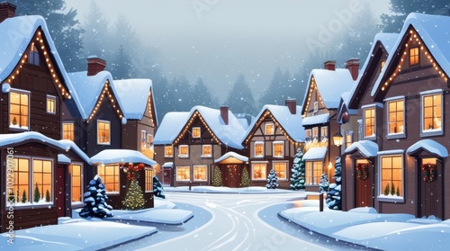 Charming winter village illuminated by festive lights under a starry night sky, perfect for celebrating the holiday spirit