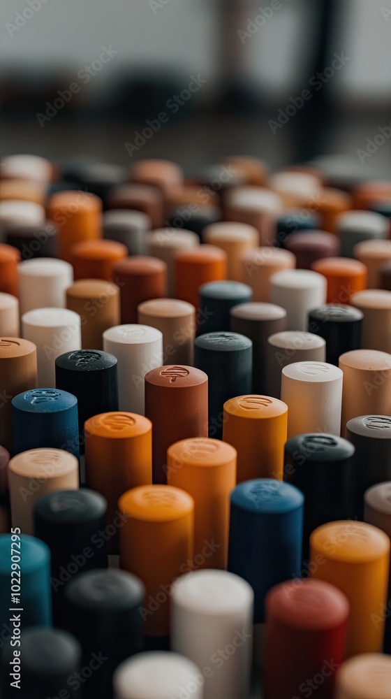 Obraz premium A vibrant collection of crayons is organized in a line, showcasing a variety of colors and textures, perfect for inspiring creativity in artistic projects