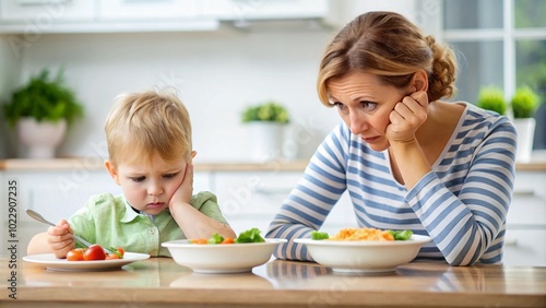 A frustrated mother and her young child sit at the table, both looking unhappy with their meal, showing signs of picky eating.
