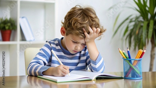 A young boy holds his head in frustration while struggling to focus on his homework at a desk, appearing overwhelmed.
