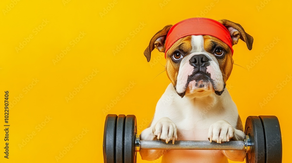 Dedicated bulldog in a red headband is hitting the gym, promoting pet health and wellness