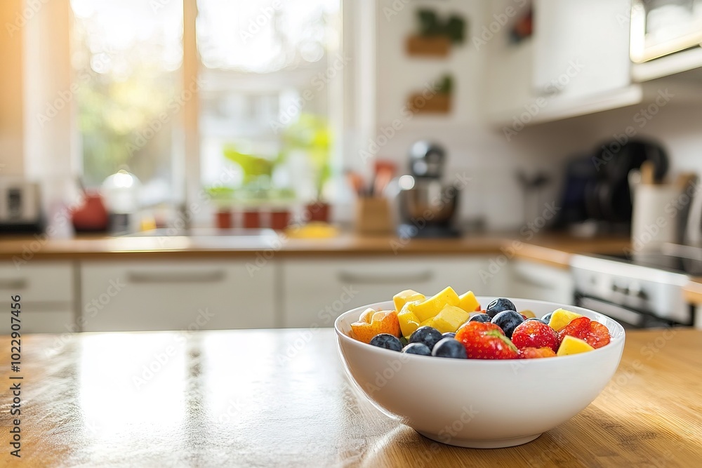 A smoothie bowl on a countertop with workout gear in the background, bright natural light, modern kitchen. A smoothie bowl on a countertop with workout gear in the background, bright natural light, modern kitchen.