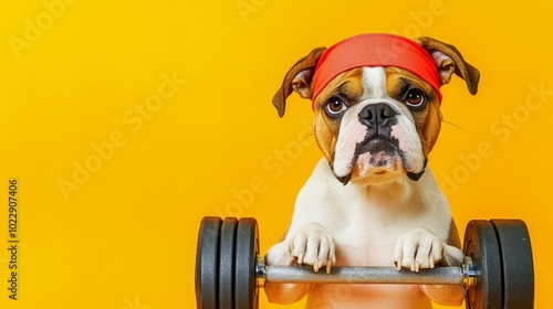 Obraz na płótnie Dedicated bulldog in a red headband is hitting the gym, promoting pet health and wellness w salonie