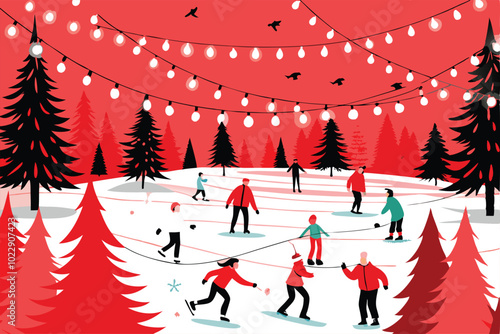 An outdoor ice skating rink in a snowy park with red trees, string lights, and people ice skating.