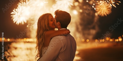 Couple embracing on the beach with fireworks in the background, celebrating New Year's Eve during Reveillon, selective focus

