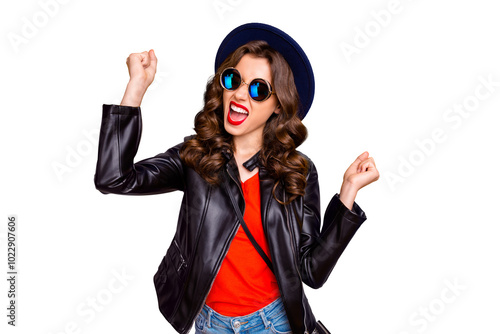 Photo of crazy lady in high spirits celebrating lottery winning wear casual trendy outfit isolated yellow color background