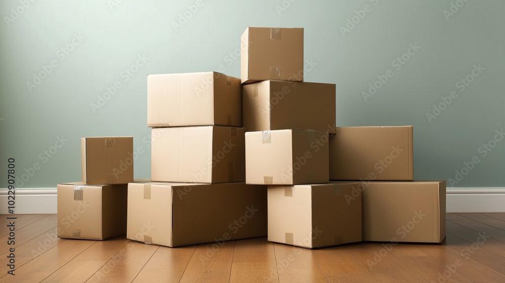 Stacked cardboard boxes in empty room Stacked cardboard boxes in empty room