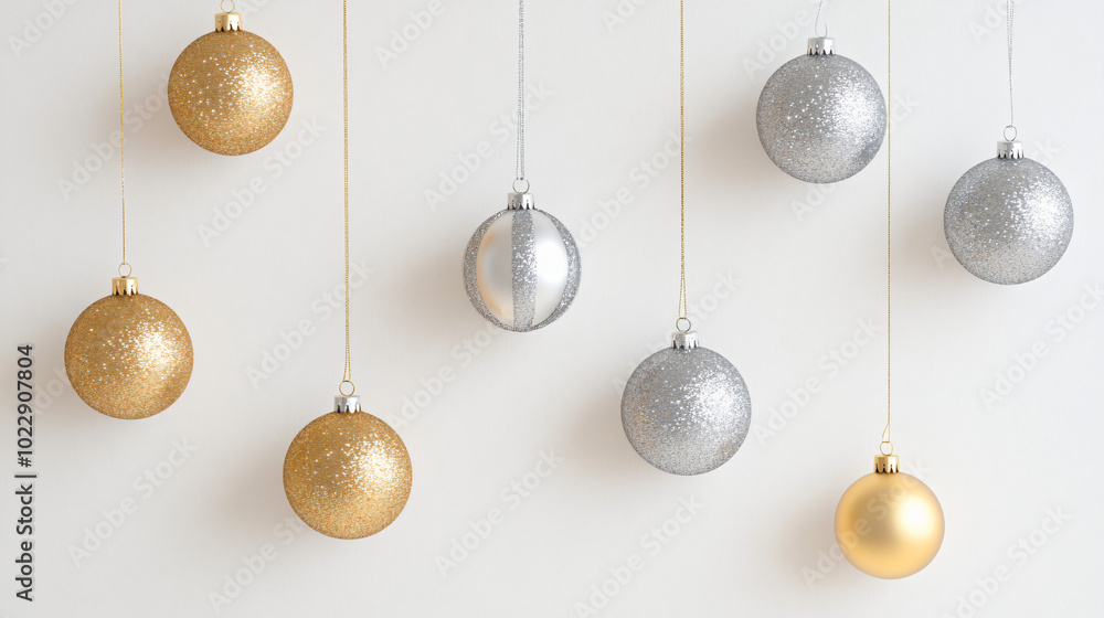 White background with a scattering of gold and silver Christmas balls White background with a scattering of gold and silver Christmas balls