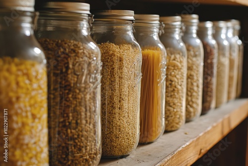 Glass jars filled with grains and pasta on a shelf, natural light, zero-waste kitchen.