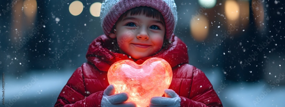 A young boy in a red winter jacket holds a glowing heart, set against a snowy background A young boy in a red winter jacket holds a glowing heart, set against a snowy background