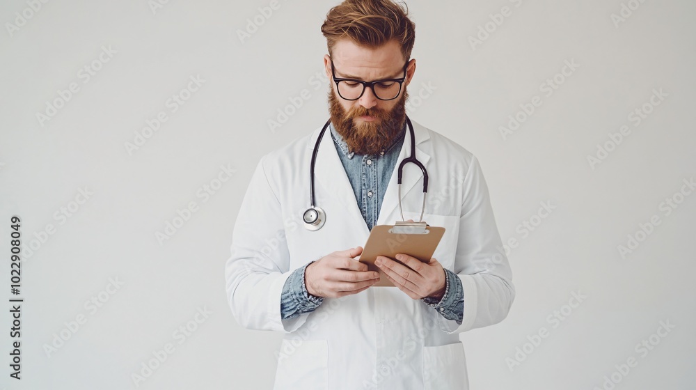 Confident Doctor in White Lab Coat Holding a Clipboard, Standing Against a Clean White Background, Emphasizing Trust, Expertise, and Professionalism in a Minimalist Medical Setting Confident Doctor in White Lab Coat Holding a Clipboard, Standing Against a Clean White Background, Emphasizing Trust, Expertise, and Professionalism in a Minimalist Medical Setting