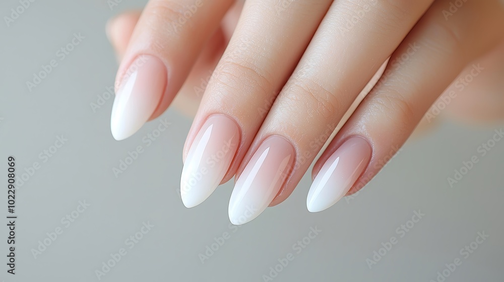 A serene composition of a hand displaying a classic manicure with a modern twist, showcasing ombre nail art against a subtle gradient background. The deep depth of field highlights the shine on the A serene composition of a hand displaying a classic manicure with a modern twist, showcasing ombre nail art against a subtle gradient background. The deep depth of field highlights the shine on the