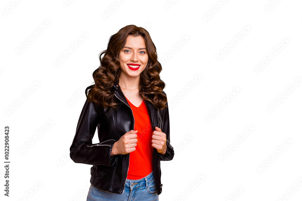Photo of lady with amazing beaming smile and red lipstick ready for walk wear leather jacket isolated yellow background Photo of lady with amazing beaming smile and red lipstick ready for walk wear leather jacket isolated yellow background