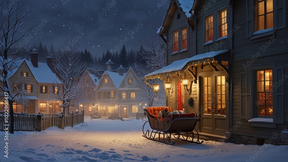 Fototapeta premium A cozy winter evening in a charming village with snow-covered homes and illuminated windows creating a magical holiday atmosphere