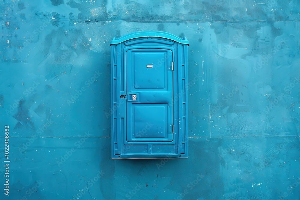 Bright blue portable restroom against a textured blue wall in an outdoor setting Bright blue portable restroom against a textured blue wall in an outdoor setting