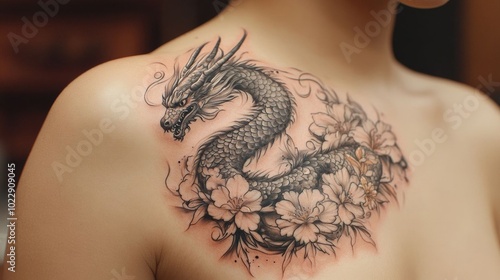 dragon tattoo with floral designs photo