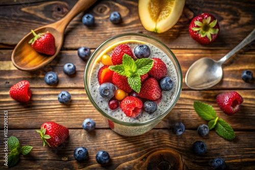 A vibrant smoothie layered with creamy chia pudding in a clear glass, offering a delightful and healthy dessert option thatâ€™s both refreshing and nutritious.