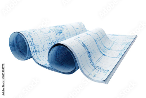 Blueprints rolled up, isolated on a white background, transparent background.