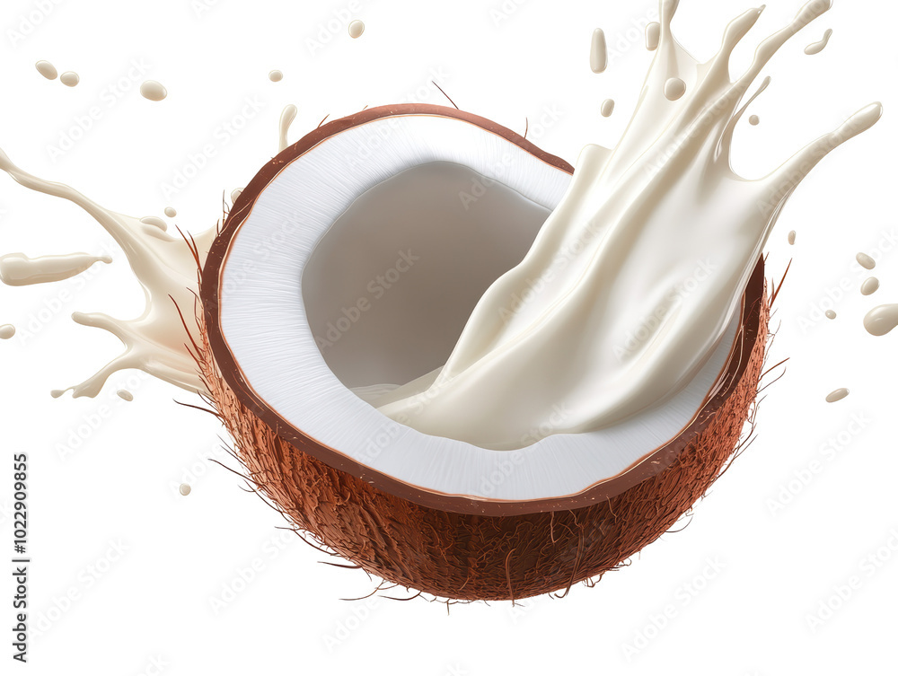Coconut half with milk splash, isolated on a white background, transparent background. Coconut half with milk splash, isolated on a white background, transparent background.