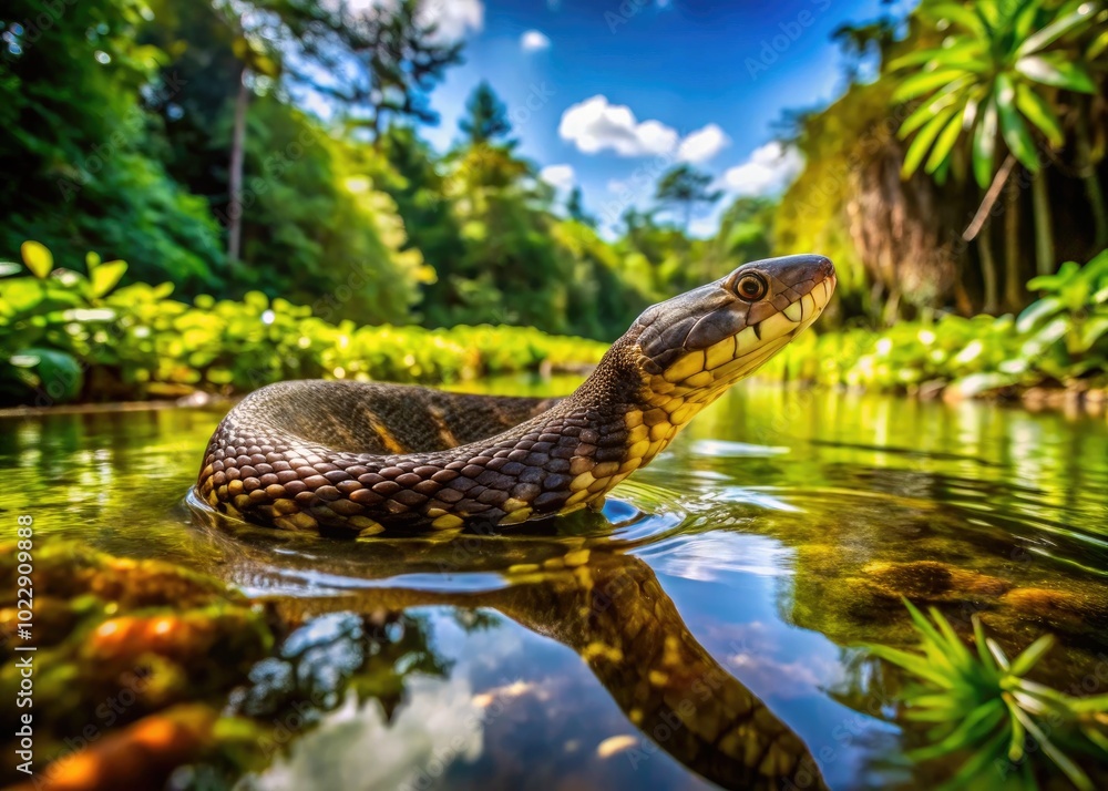 Water Moccasin Swimming Gracefully in Clear Water Surrounded by Lush Greenery and Natural Habitat Water Moccasin Swimming Gracefully in Clear Water Surrounded by Lush Greenery and Natural Habitat