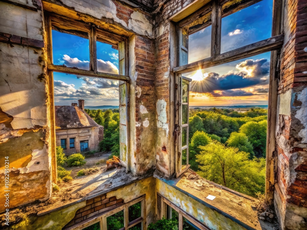 Weathered and Cracked Old Windows in Abandoned Building Evoke a Sense of History and Decay Weathered and Cracked Old Windows in Abandoned Building Evoke a Sense of History and Decay